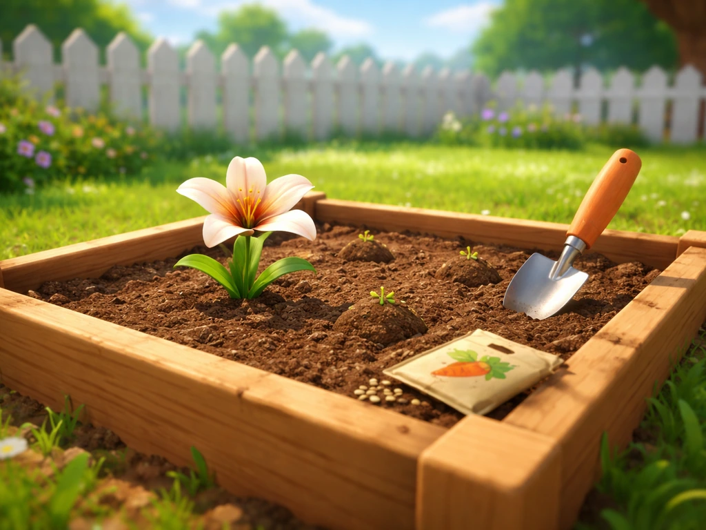 A small garden bed in a Roblox-style game with lily-like Liberty Lily sprouting and seed tools nearby.