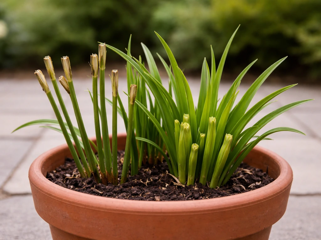 Potted daylily with faded blooms deadheaded and seed pods removed, showing fresh new green regrowth.