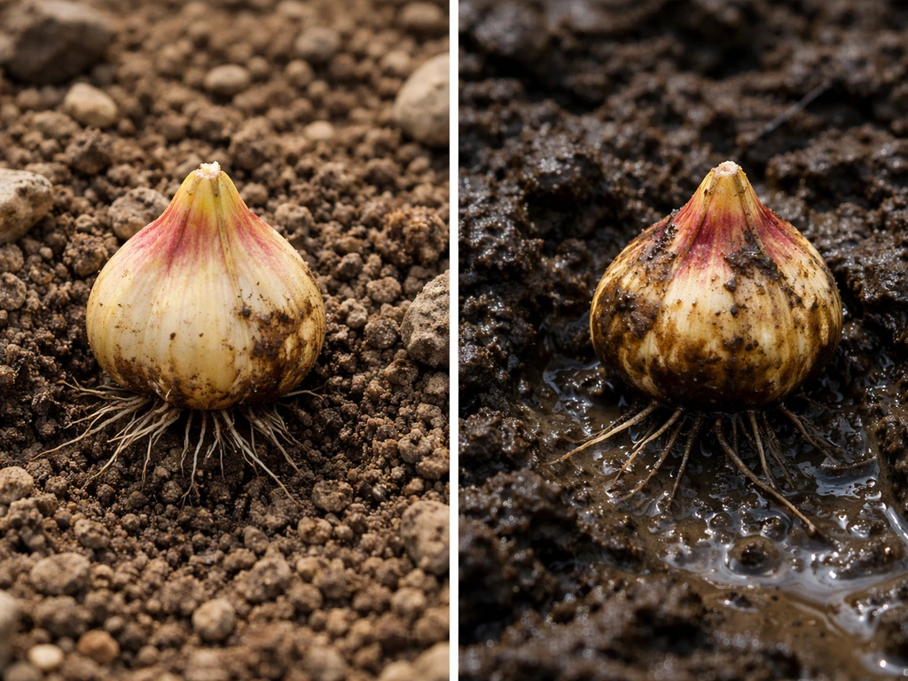 Closeup of lily bulbs in well-draining rocky soil vs waterlogged wet soil showing drainage importance.