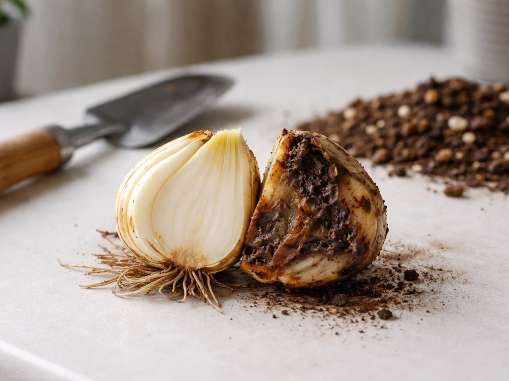 Close-up of a lily bulb inspection showing healthy firm parts beside dark rotted areas on soil.