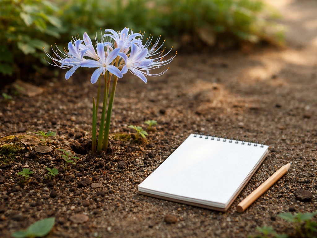 Blue spider lily in bloom beside a simple blank notepad to suggest pairing expectations.