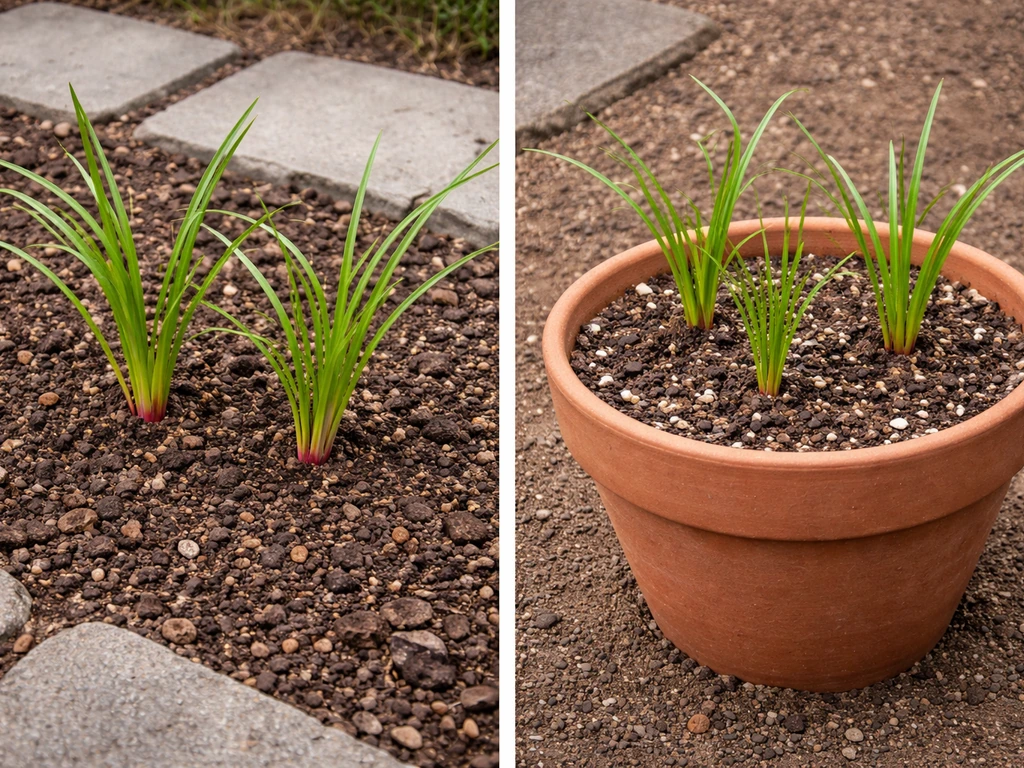 Side-by-side soil vs pot setup showing Lycoris sprengeri with different drainage-looking soil textures.