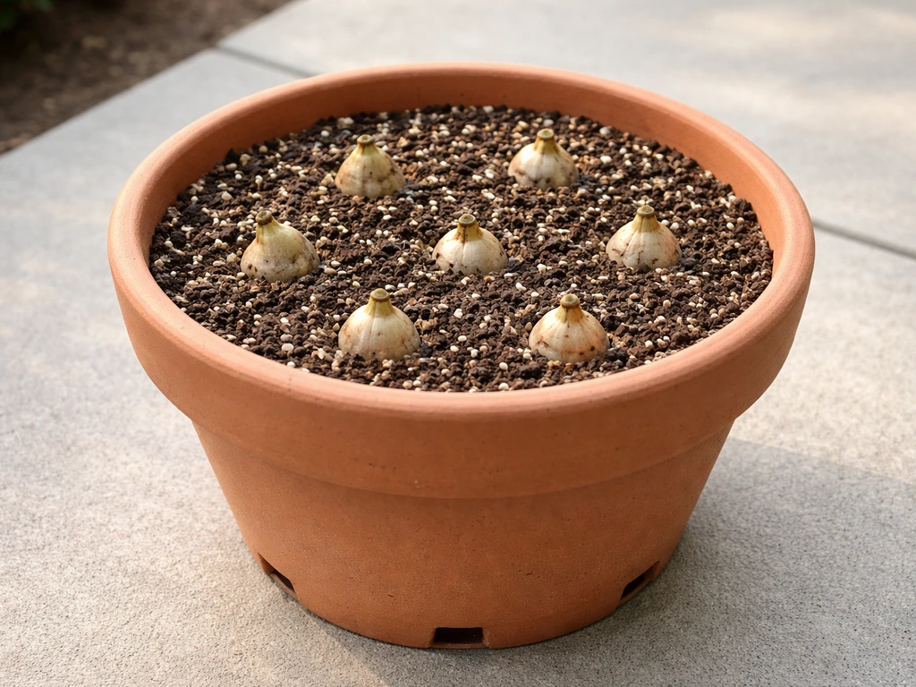 Close-up of Lycoris bulbs planted in a fast-draining potting mix with visible perlite and drainage holes.
