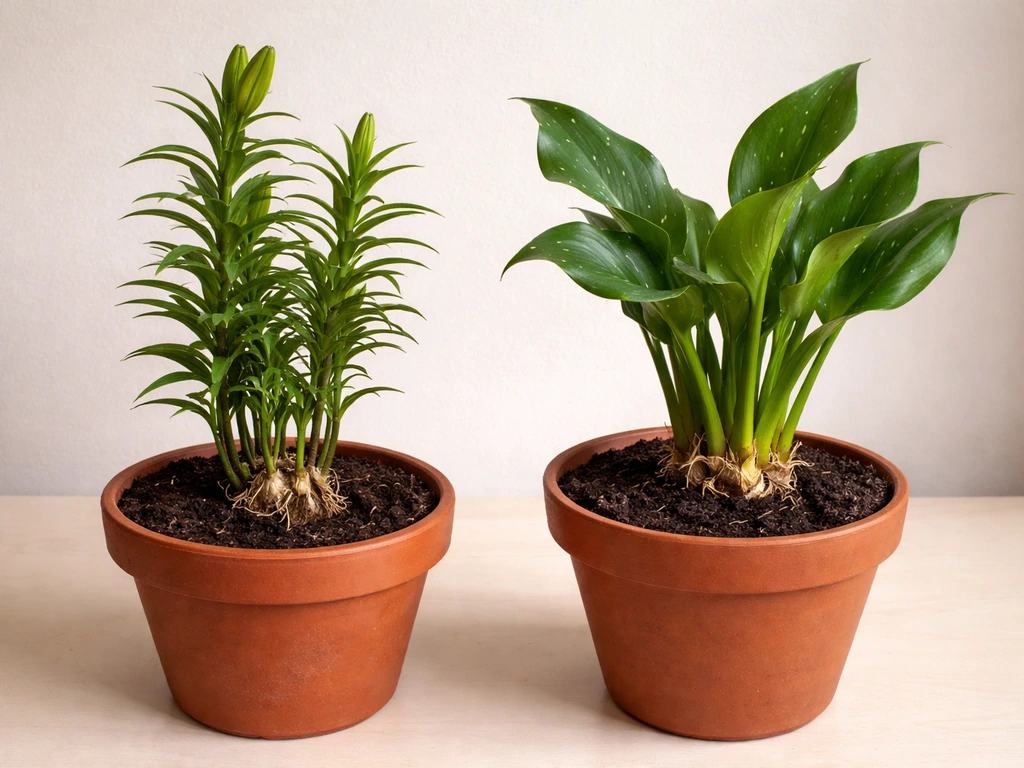 Two plants side-by-side: a true lily with bulb-to-stem growth and a calla lily showing leaf rhizome form.