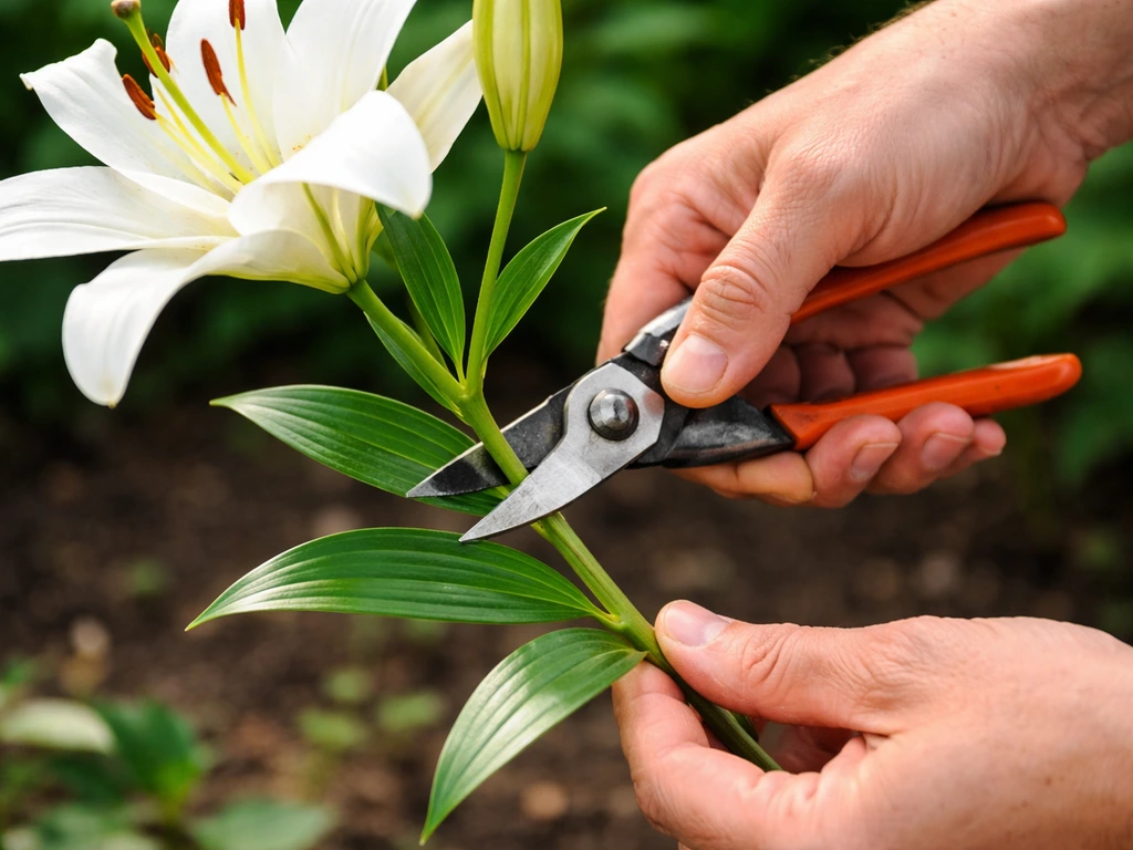 Close-up of gardener deadheading a lily stem with an angled cut just above leaves