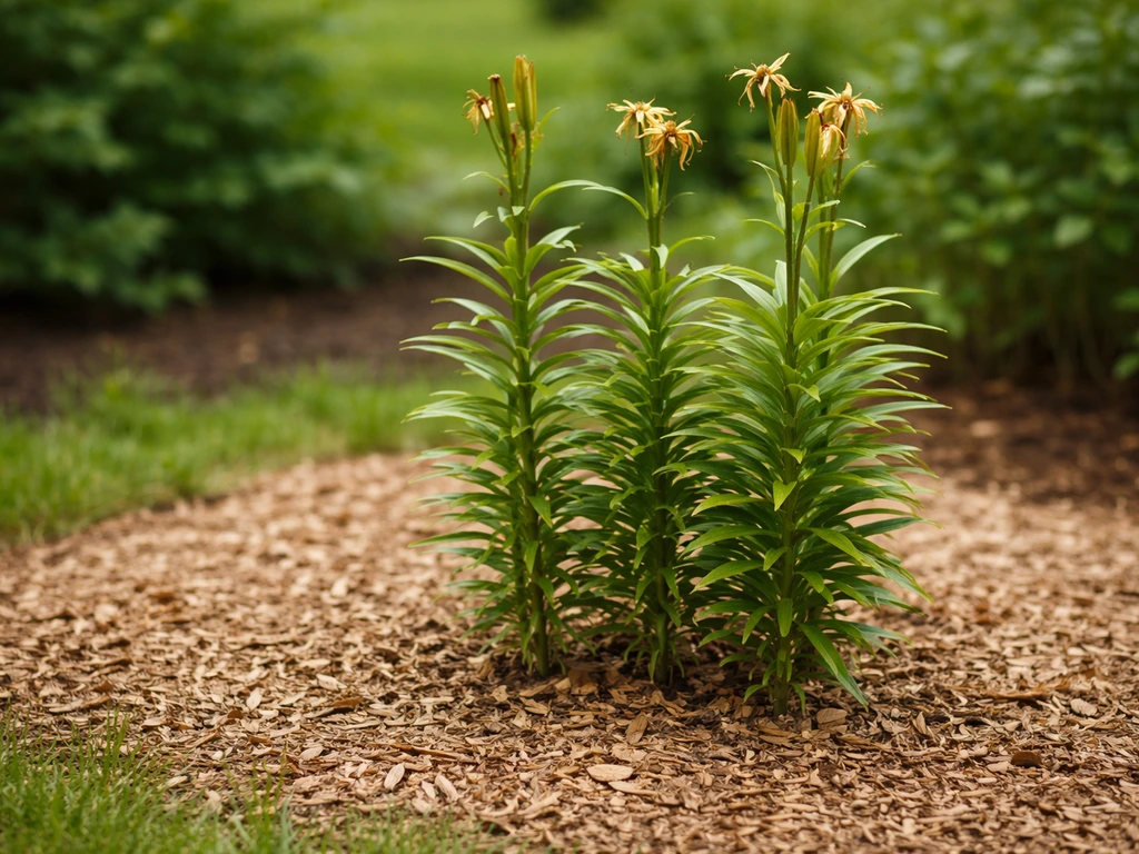Green lily foliage left intact in a mulched garden bed after blooms fade.