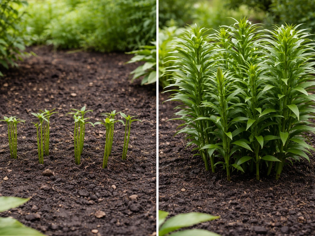 Split view of a lily bed: left trimmed foliage, right healthy green leaves still on stems.