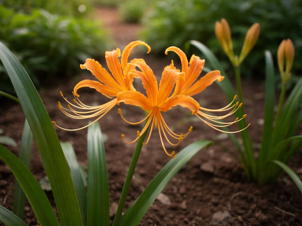 Orange spider lily bloom with narrow leaves in a minimal garden setting, emphasizing its true form.