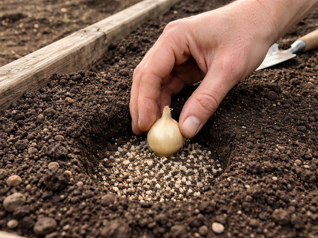 Close-up of a bulb planted in gritty, well-draining soil in a raised bed, showing drainage-focused preparation.