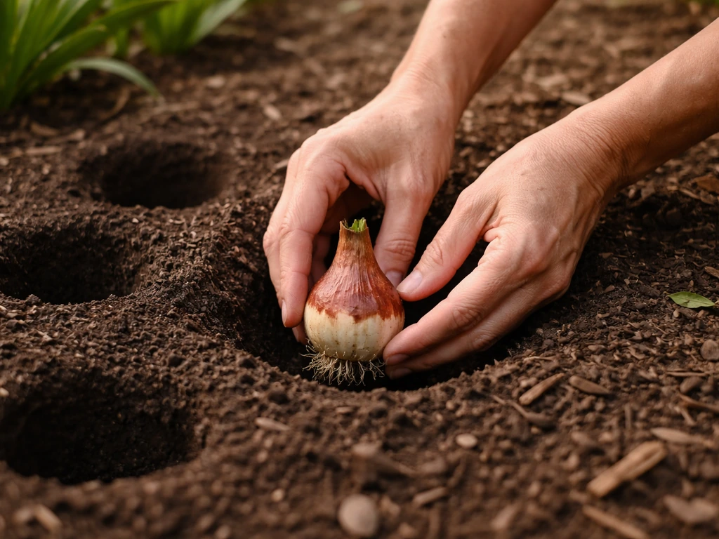 Hands placing a spider lily bulb into a prepared planting hole in a California garden bed