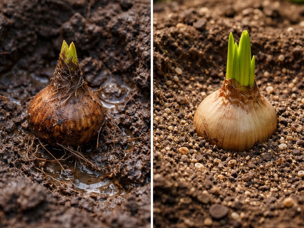 Split-view: healthy spider lily bulb vs rotted bulb, next to improved drainage planting area