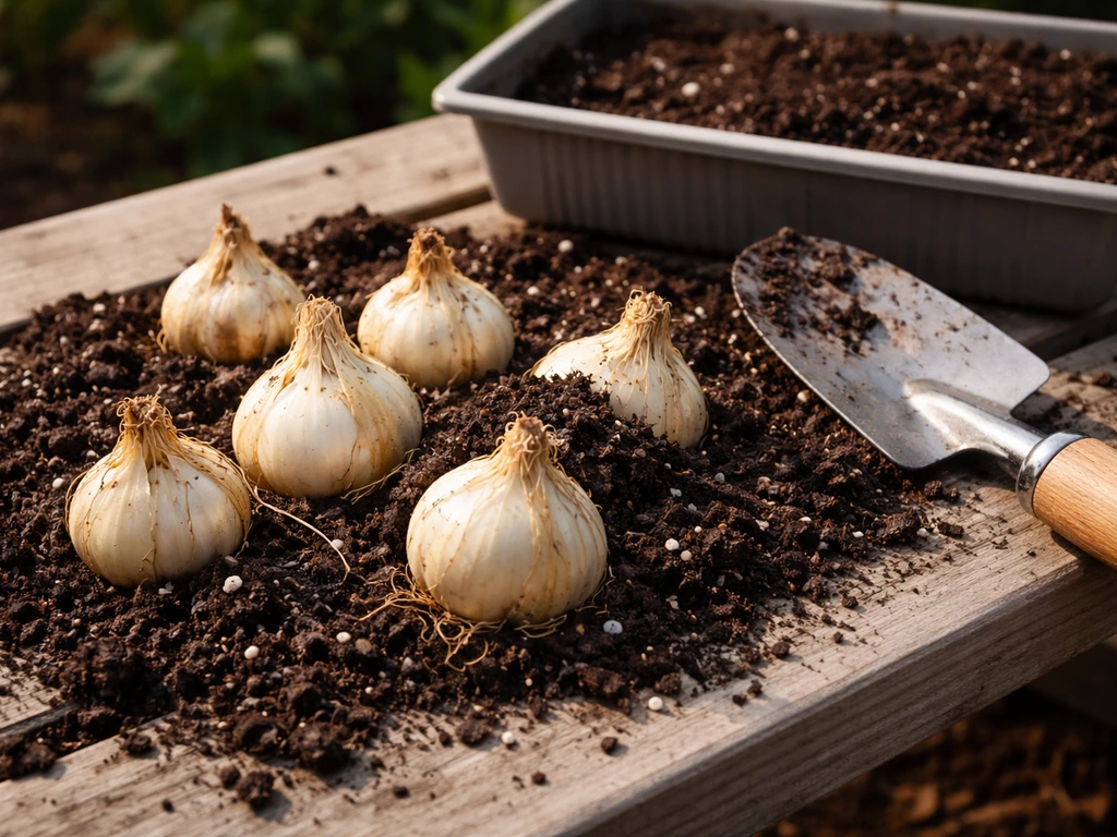 Close-up of lily bulbs beside a small planting setup in soil, showing realistic propagation of true lilies.