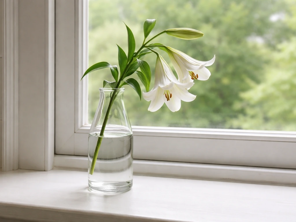 A single cut lily stem in a glass vase with water on a sunny windowsill, blurred background.