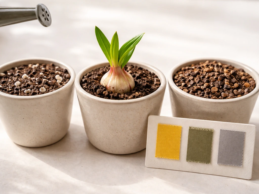 Close-up of lily bulbs and three small soil samples in a tray for identifying lily care needs