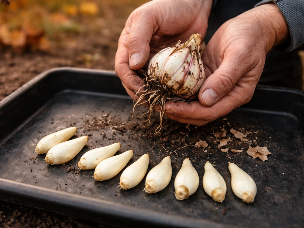Lily bulb outer scales snapped off and set on a tray to air-dry in soft natural light