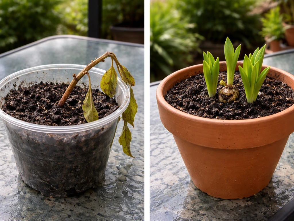 Failed rooting cut stem in one pot beside healthy lily shoots emerging from a bulb in another pot.