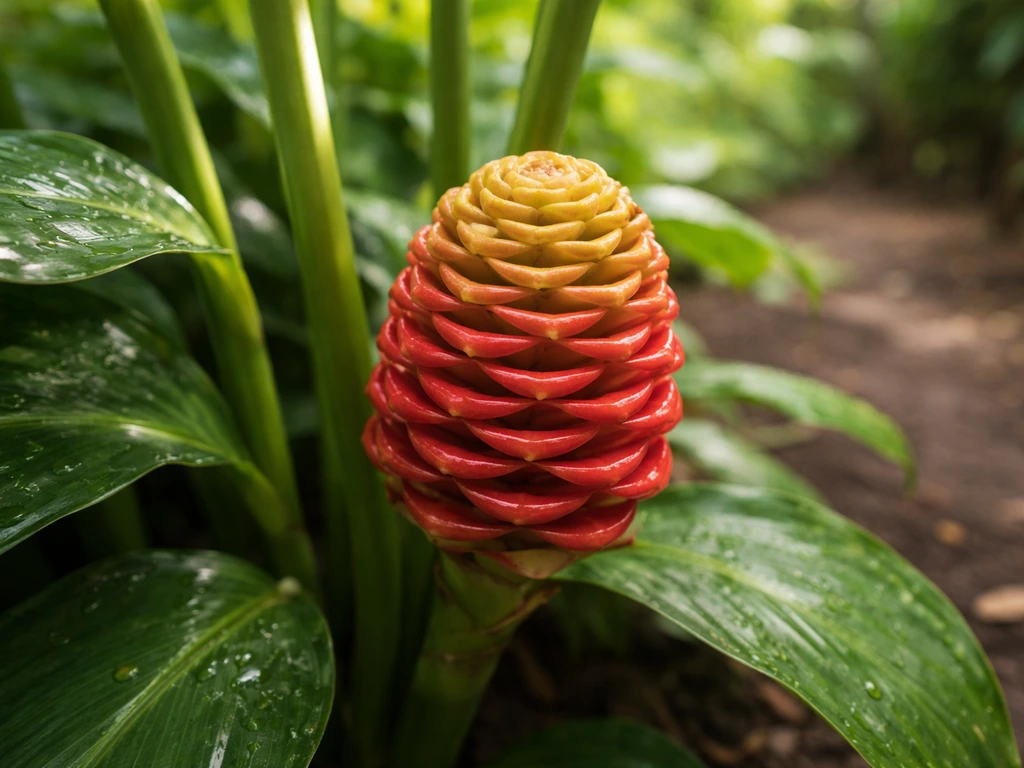 Close-up of shampoo ginger lily showing its spiral shell-like bracts and lush green leaves.