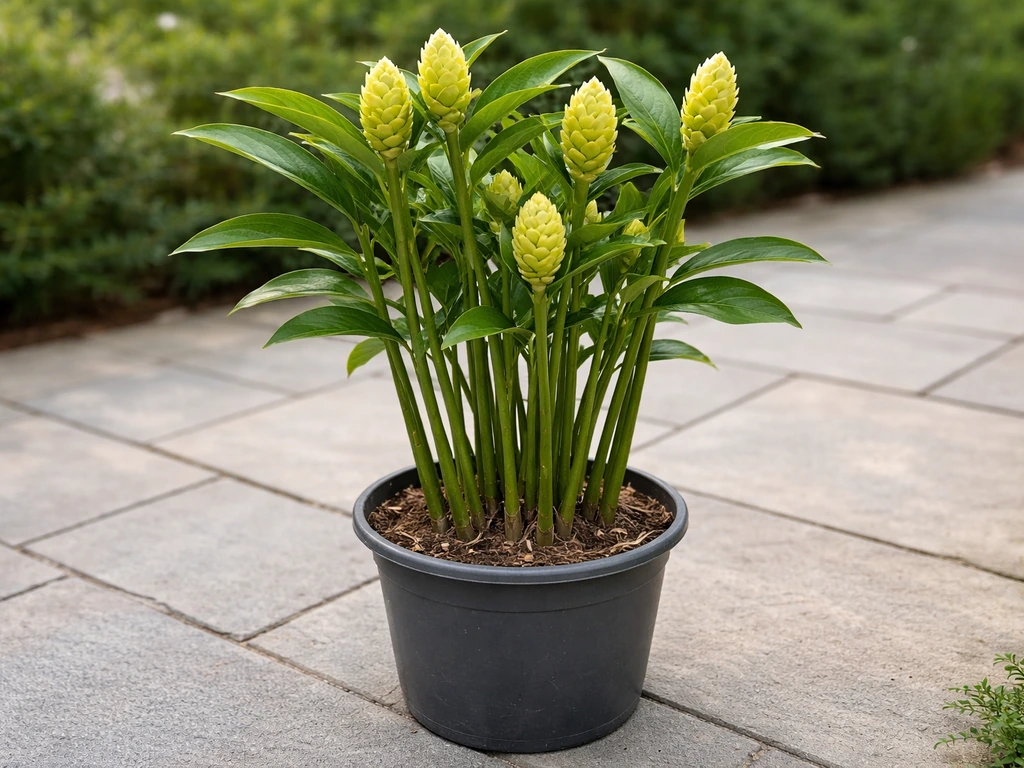 Close photo of a potted clumping ginger plant showing cane-like stems and cone-like inflorescences.
