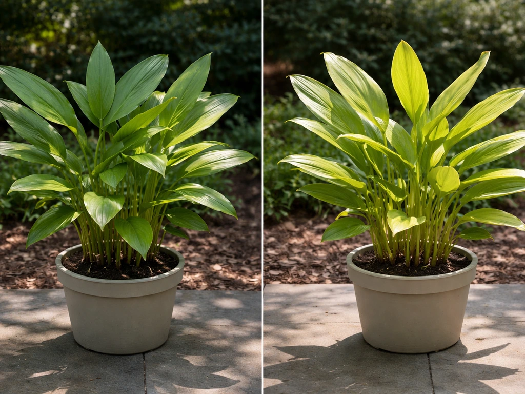 Two potted ginger lilies outdoors showing one in filtered shade and one in brighter sun