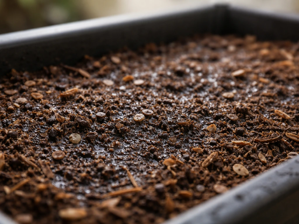 Close-up of consistently moist potting mix with dark, damp soil texture and a gentle water-spray sheen.