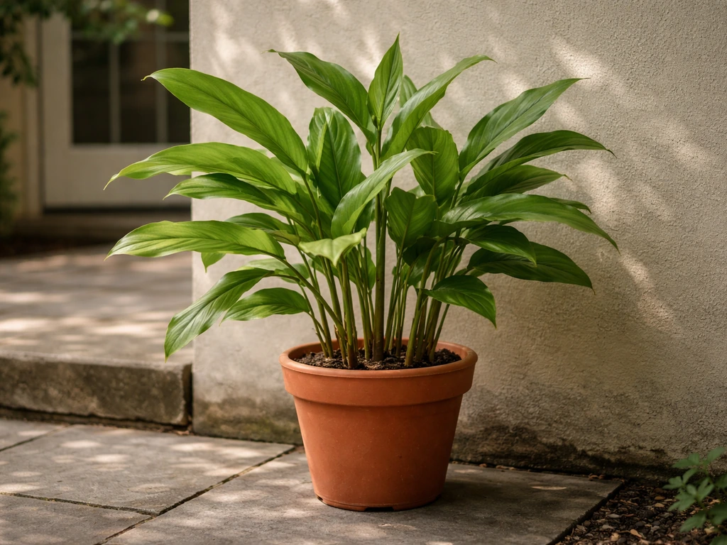 Sheltered patio container with shell ginger under filtered light for colder-zone placement.