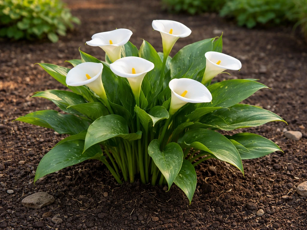 Vibrant blooming calla lilies with lush green leaves in a simple garden bed