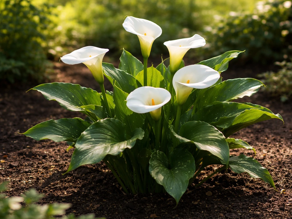 Outdoor calla lily blooming in partial shade with filtered sunlight and glossy green leaves
