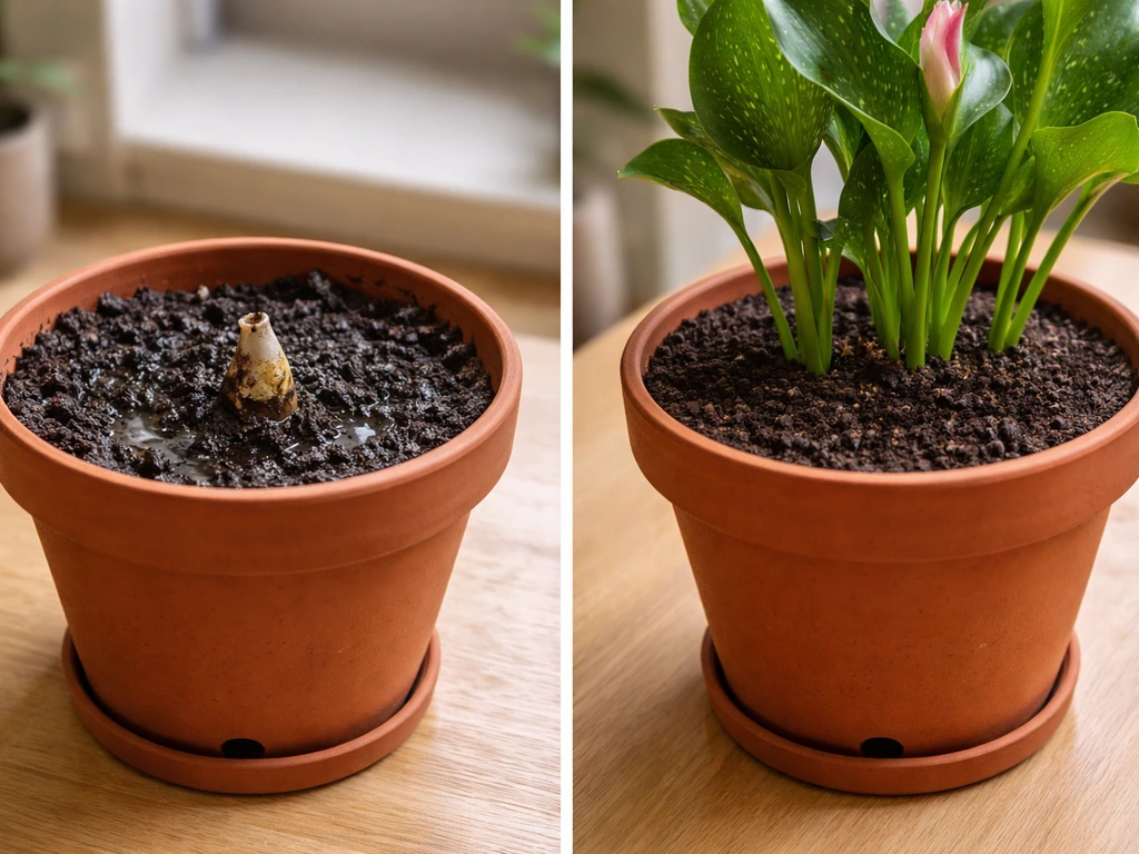 Two calla lily pots side-by-side: left soggy soil, right evenly moist soil with healthy growth.