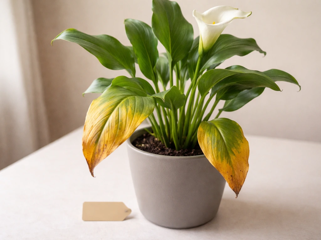 Close-up of a potted calla lily with older lower leaves turning yellow, newer leaves mostly green.