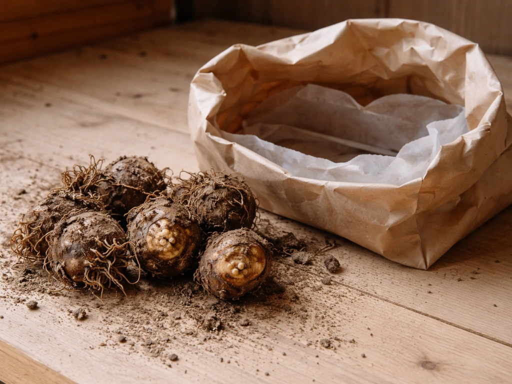 Clean calla lily tubers laid out to dry, then placed into a breathable paper bag for overwintering.