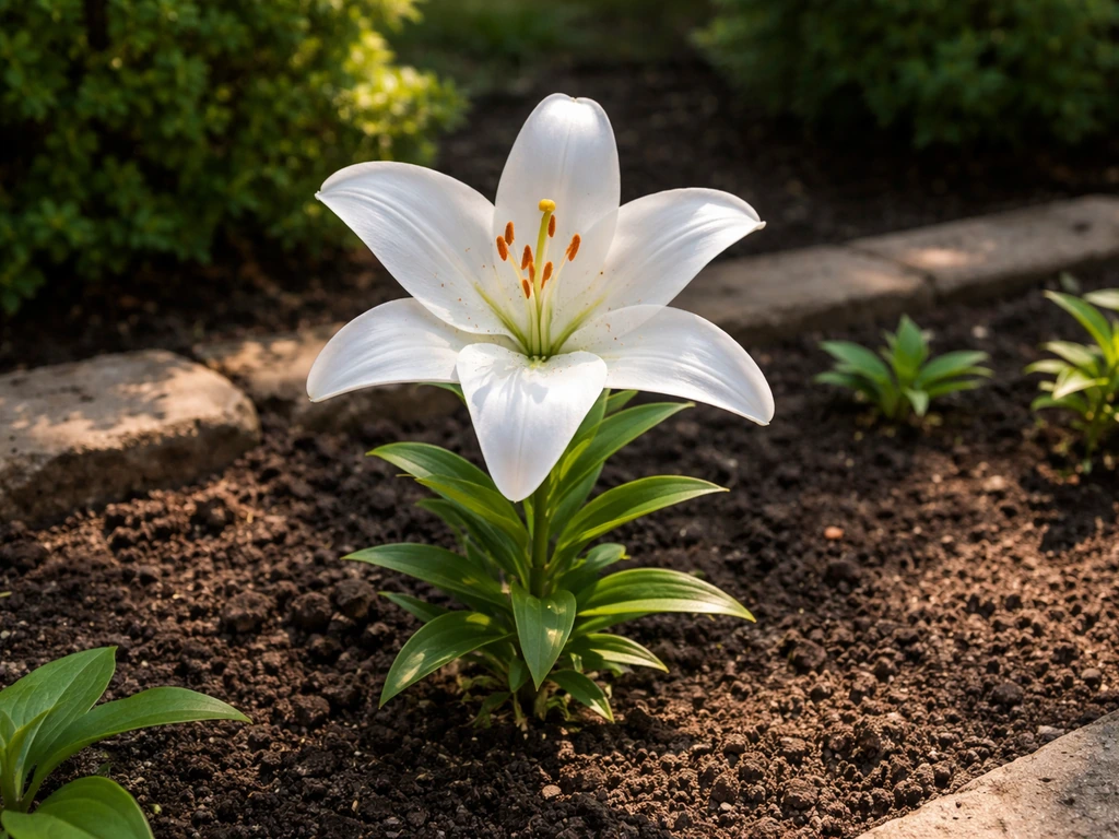 Sunlit white lily blooming in a simple backyard bed with dark soil and soft green background.