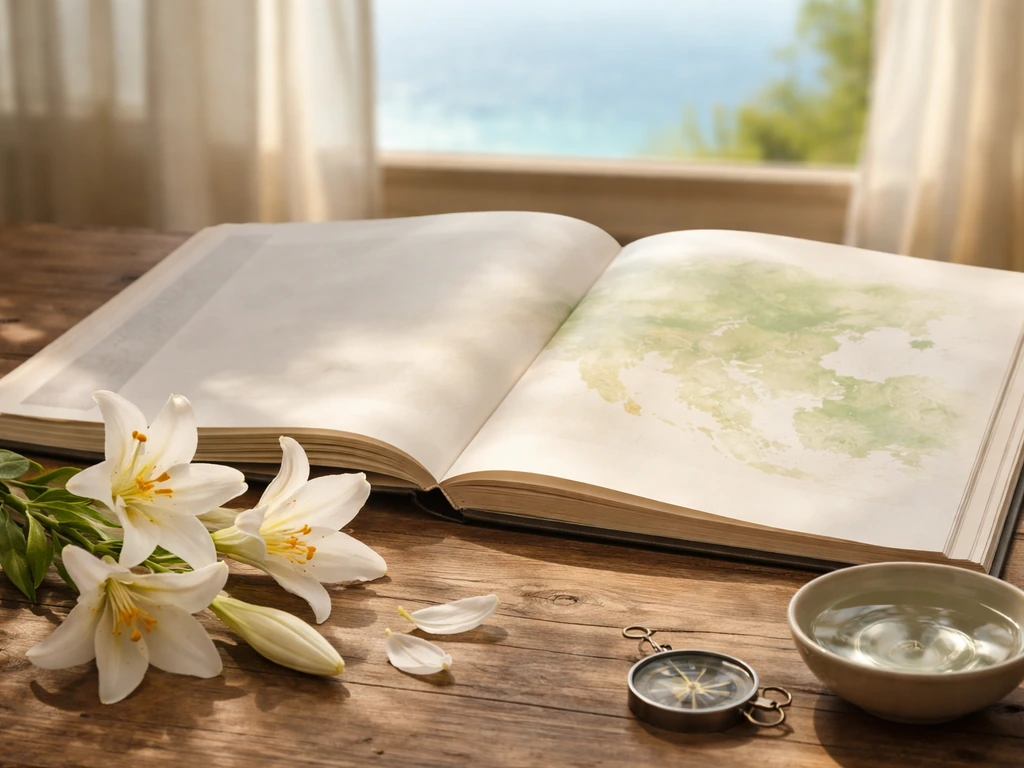 White lilies on a sunlit wooden table with a translucent vellum layer hinting at an eastern Mediterranean range.