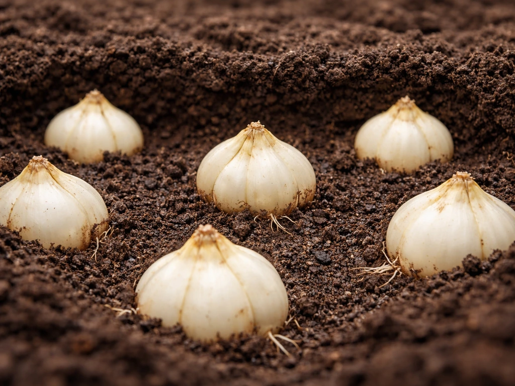Cross-section of spaced lily bulbs in moist soil, showing not-waterlogged dampness and gaps between bulbs.