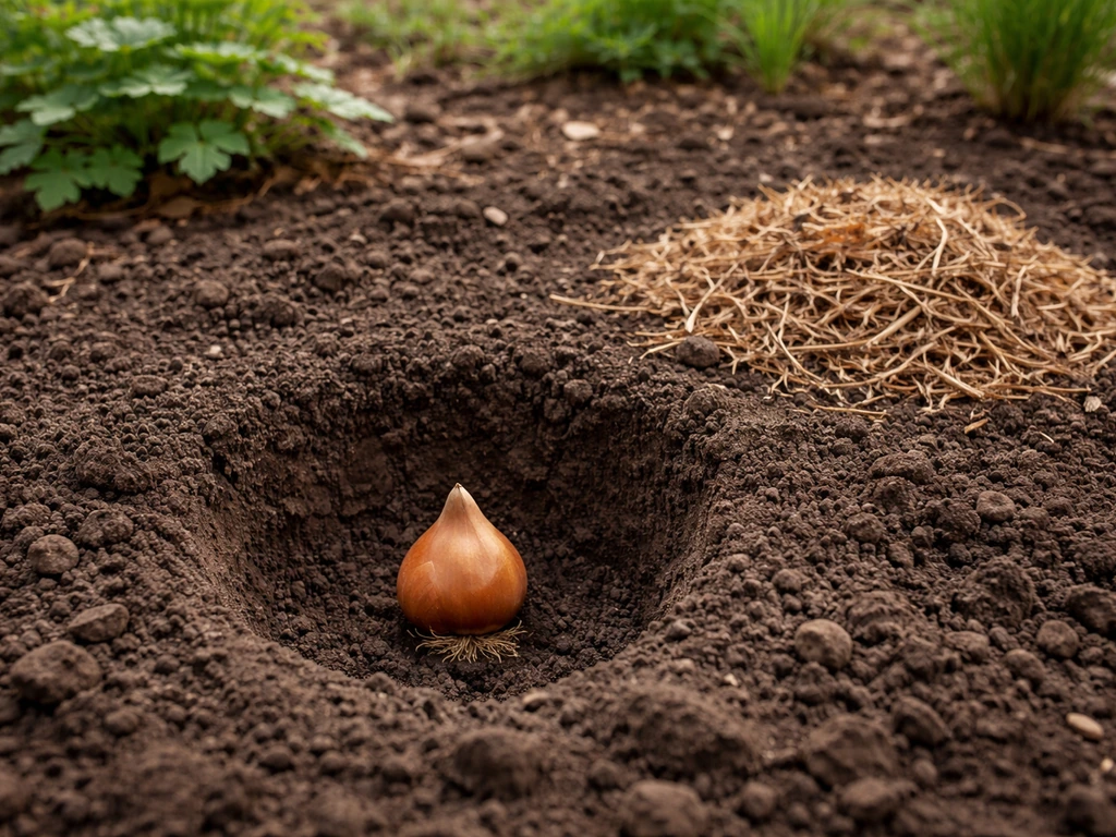 Close-up of a bulb set in a planting hole with mulch staged nearby in a garden bed.