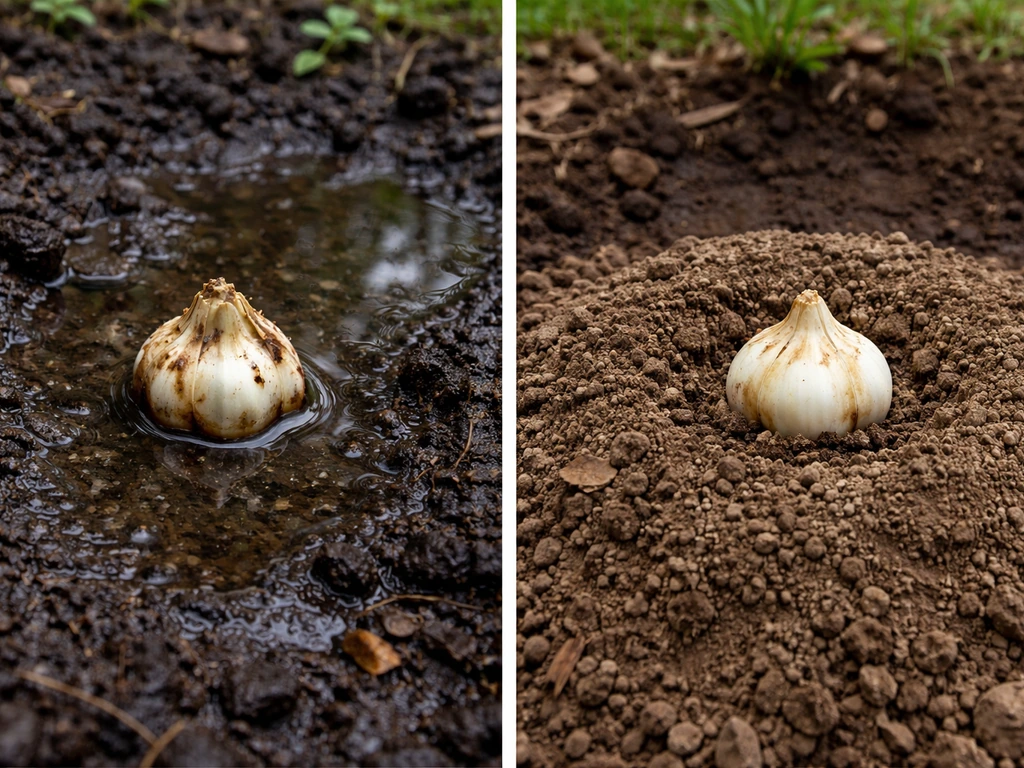 White lily bulbs showing rot risk in a low, water-collecting soil spot versus a raised, well-drained planting area.