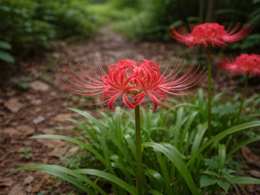Red spider lily blooms rising from green foliage along a woodland-edge garden path.