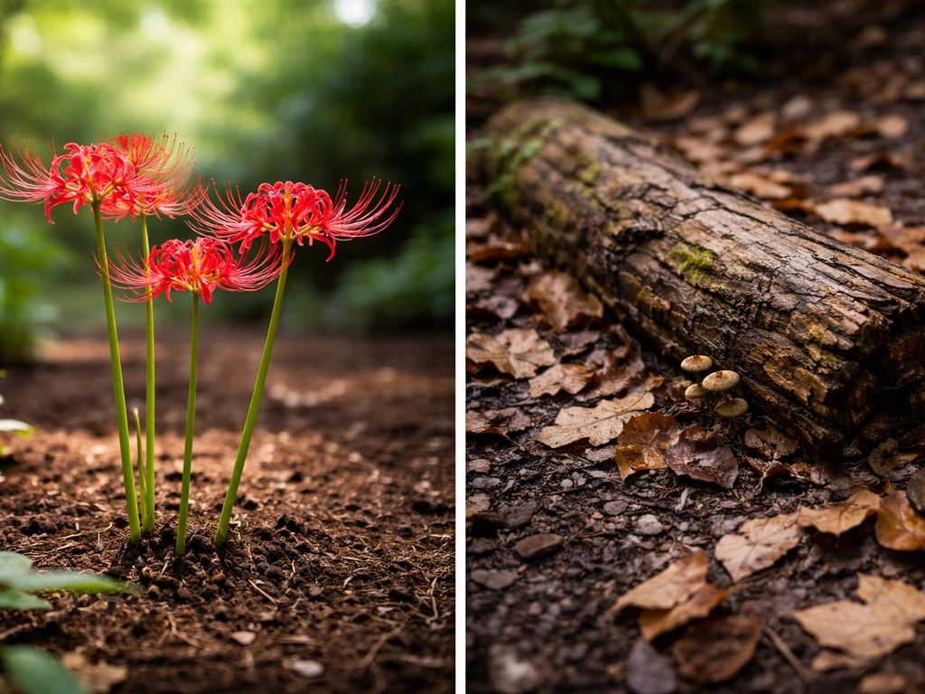 Spider lily blossoms in soil beside a decomposing log with leaf litter, showing nature without any gore.