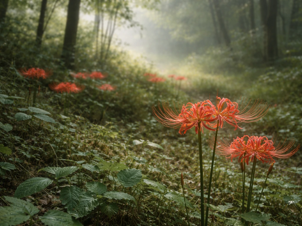 Spider lily (Lycoris radiata) blooms along a quiet woodland edge in partial shade
