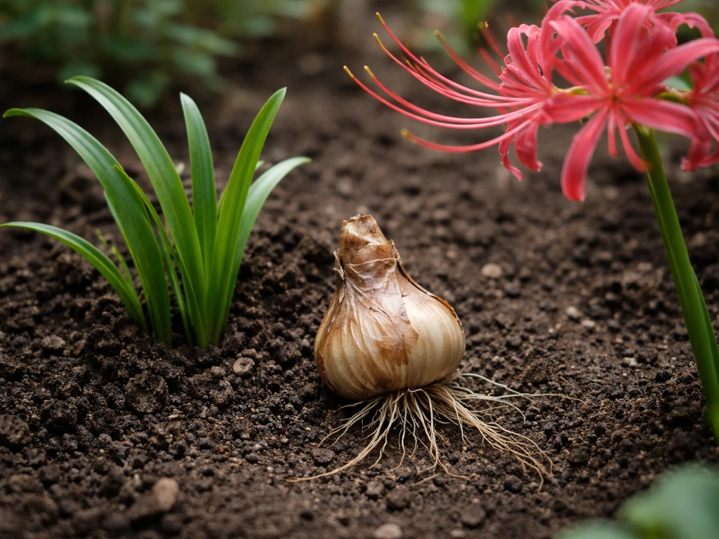 Close-up of Lycoris radiata bulb and nearby leaves, showing pale bulb texture and red-pink blooms