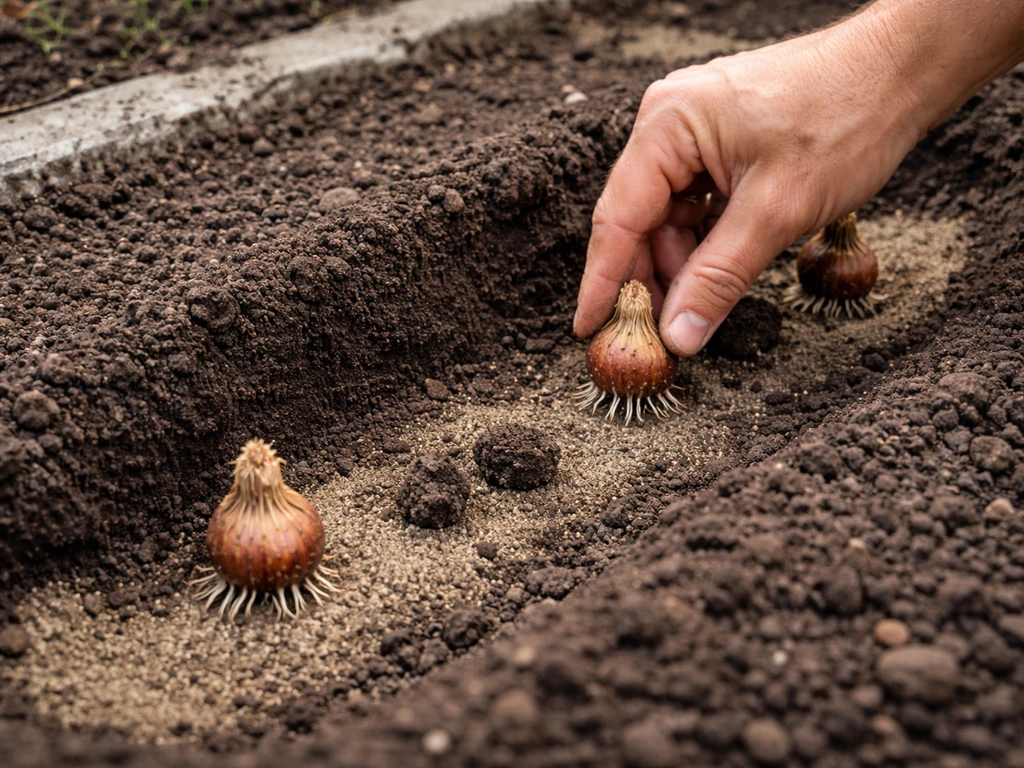 Gardener’s hand placing spider lily bulbs in a soil trench at proper depth with spacing shown by small soil clumps.