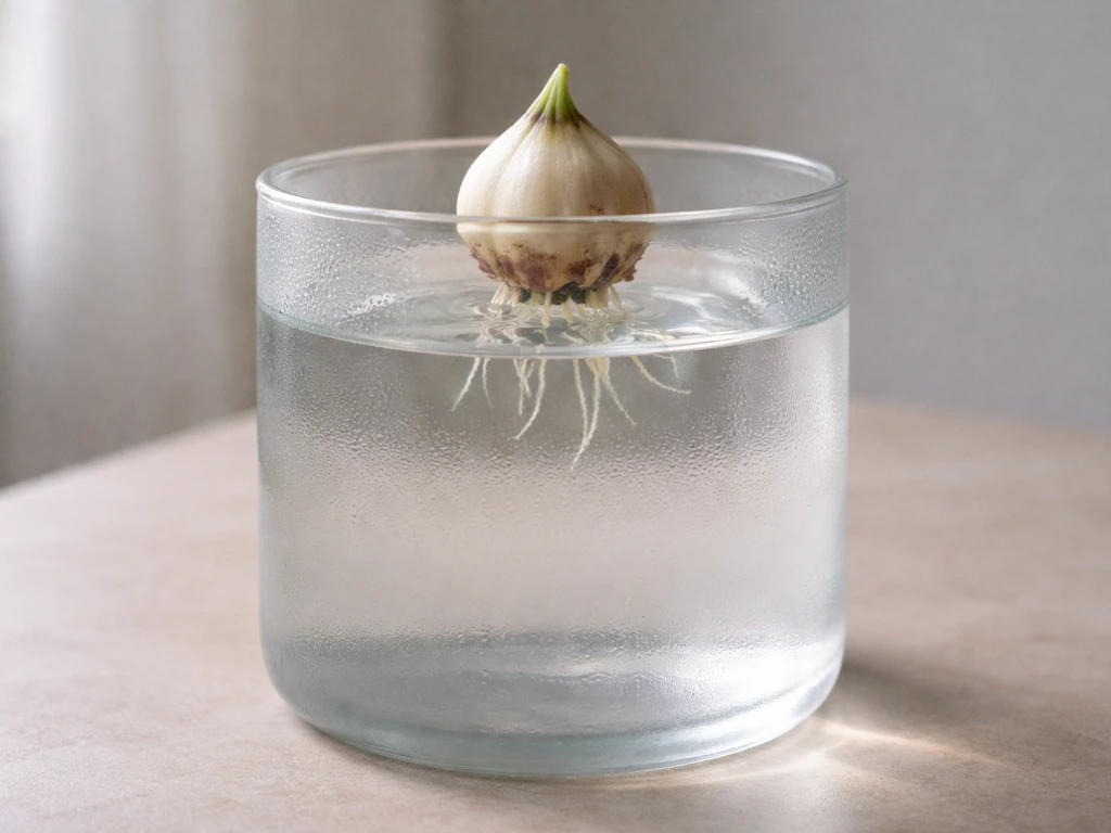 Lily bulb suspended in water in an opaque glass container with early roots visible