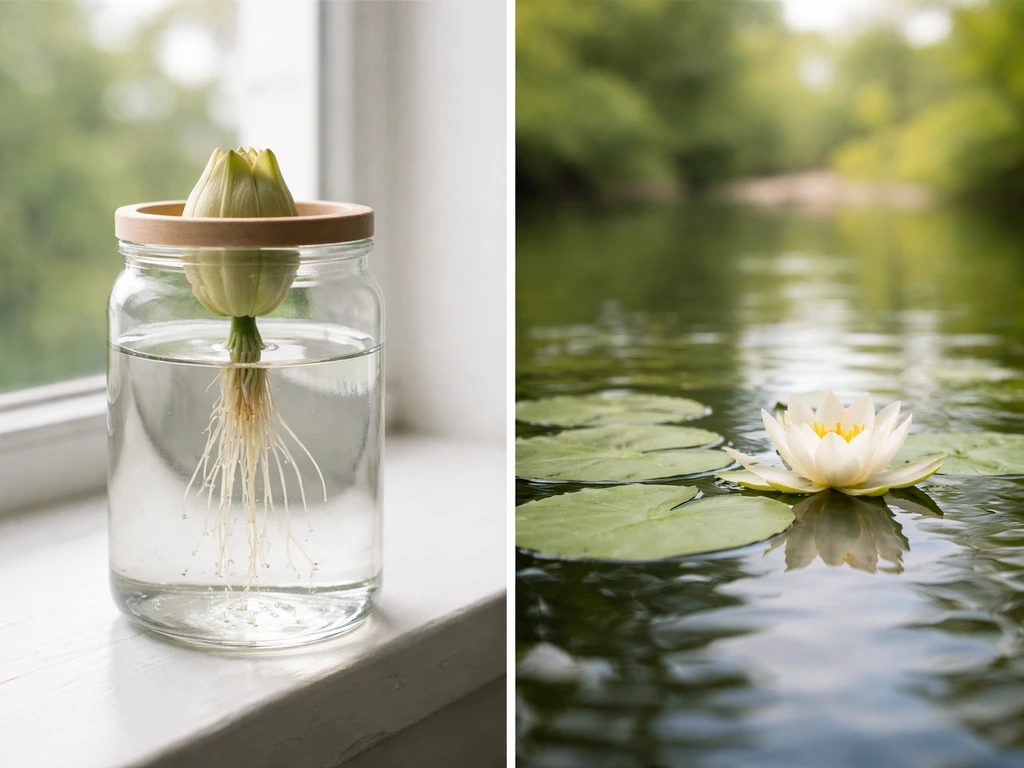 Two-part photo: a lily bulb suspended in water and a true aquatic water lily floating on a pond.