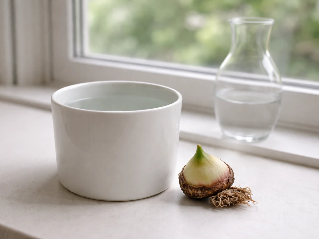 Opaque water container with lily bulb and rhizome ready beside it on a bright windowsill.