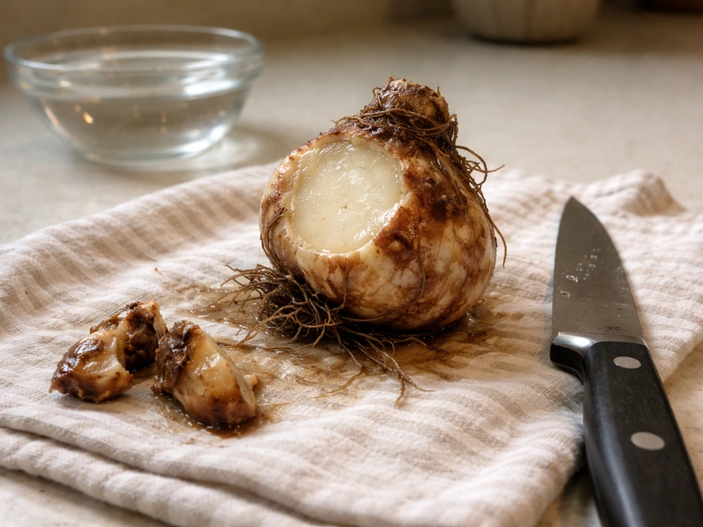 A bulb removed from water with soft rot cut away and the cut surface drying on a clean surface.