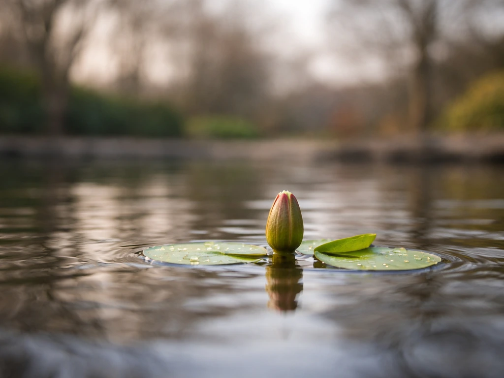 Water lily shoots just emerging on a UK pond surface in early spring light.