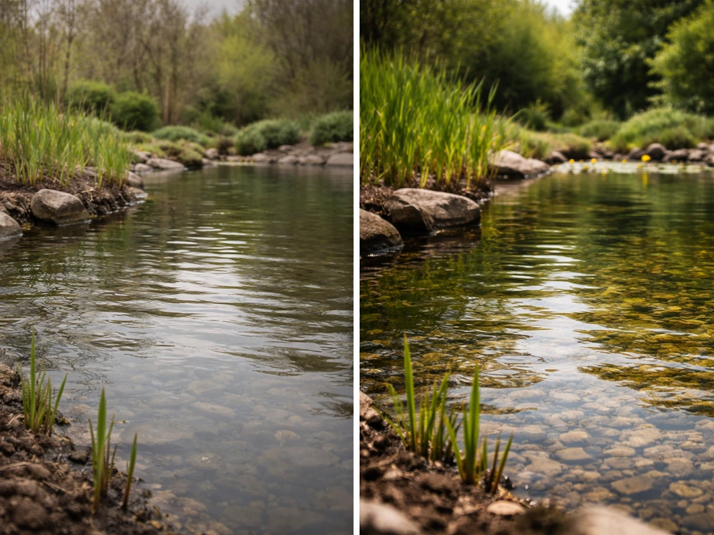 Split view of a UK garden pond: early spring cloudy, cold surface vs early summer clearer, warmer water with new growth.
