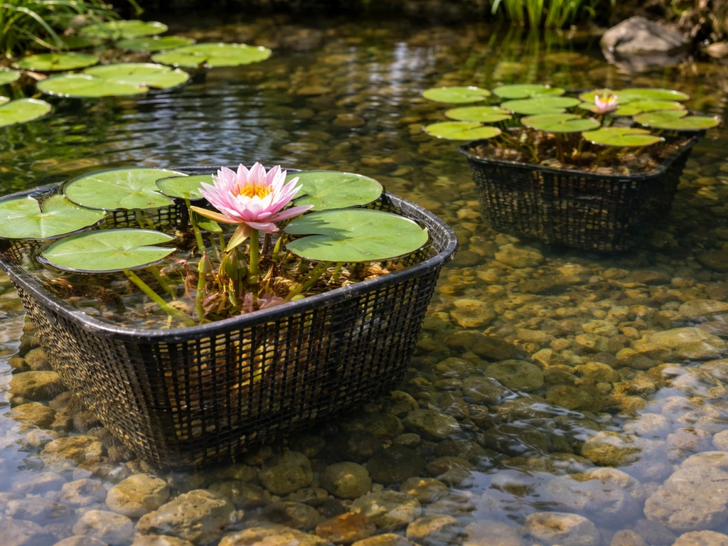 Close-up of a garden pond showing two water lily baskets at different depths, highlighting shallower vs too-deep plantin