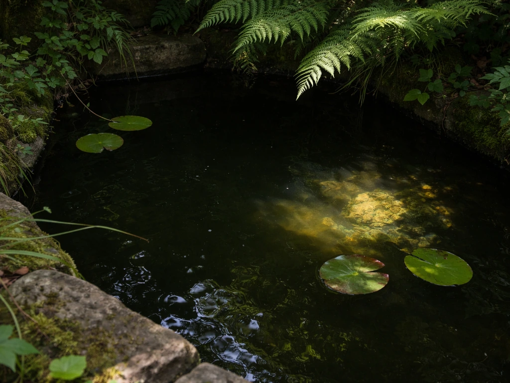Top view of a shaded pond with water lilies struggling under overhanging foliage and limited sunlight.