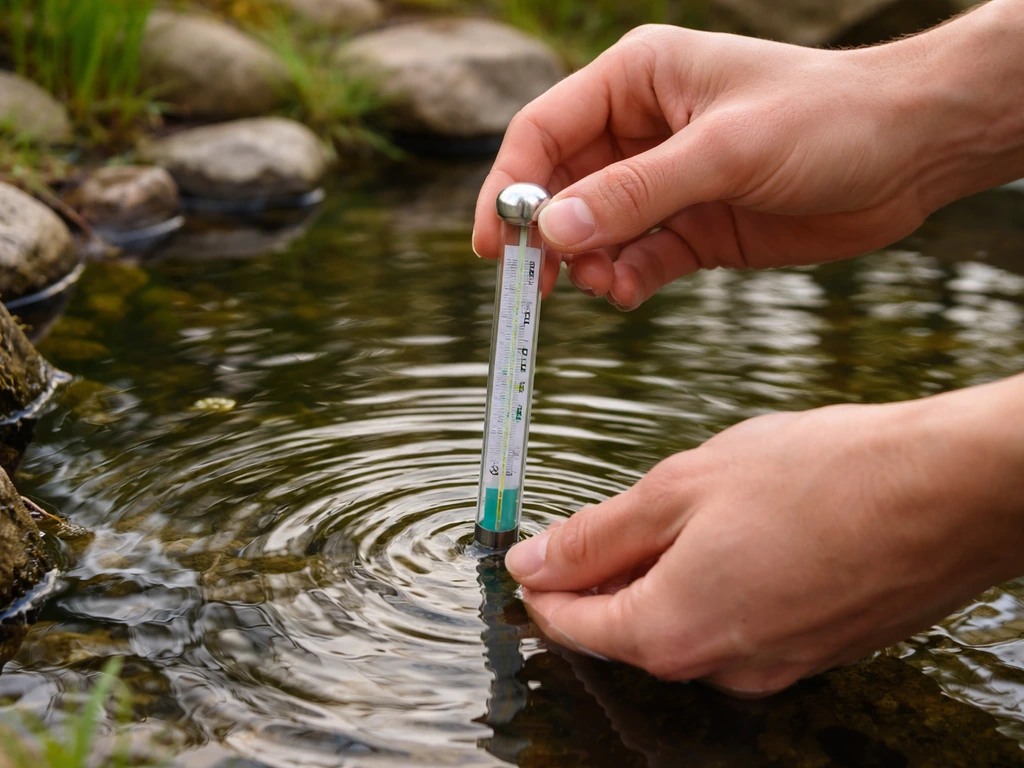 Hands holding a pond thermometer near the water’s edge to check if pond temperature is around 16°C.