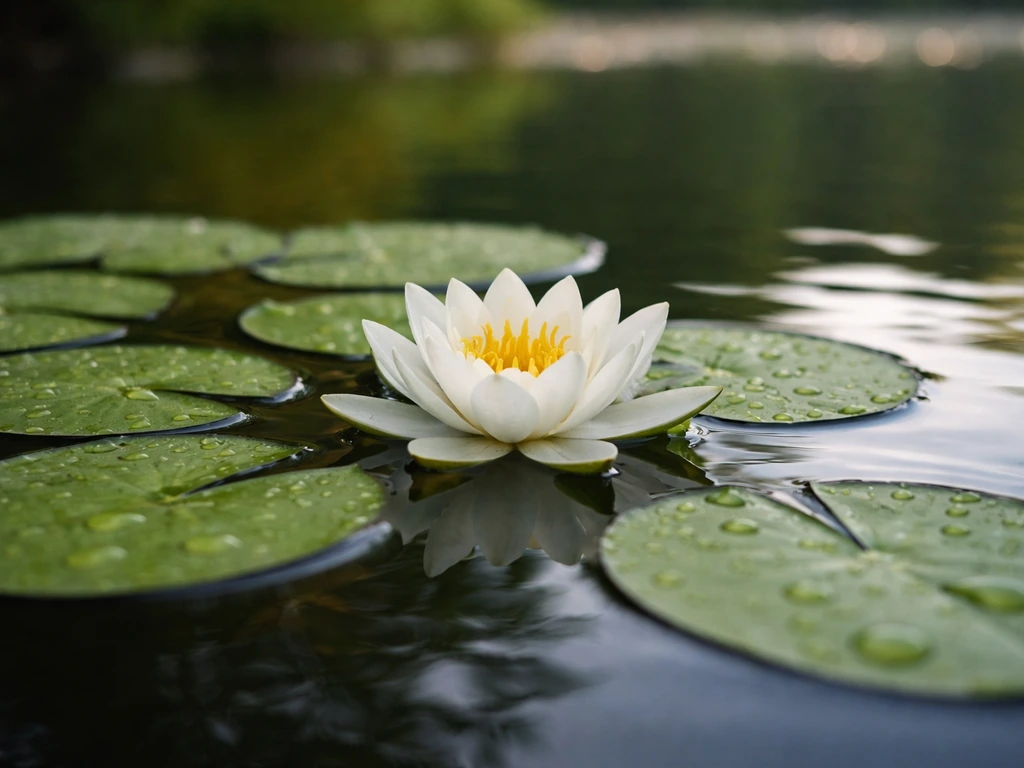 Close-up of lily pads on a calm pond with a single water lily bloom floating above